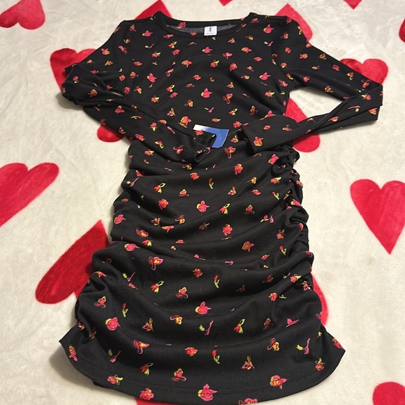 Abound Nordstrom black floral ribbed dress ruched sides NWT - Picture 2 of 10